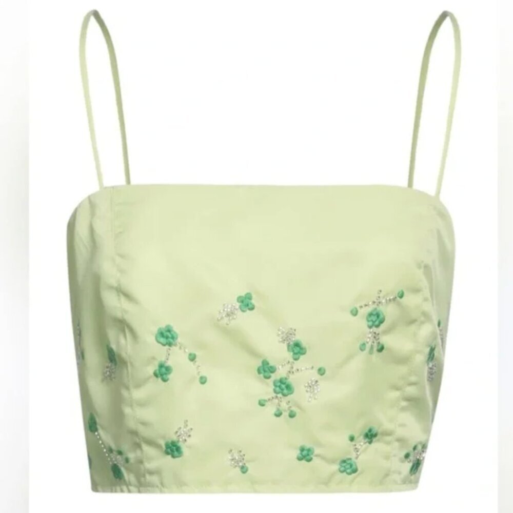 Ganni Lily Green Green Floral Embroidered Crop Tank Top Size 42 / Large US NWT - Picture 9 of 10